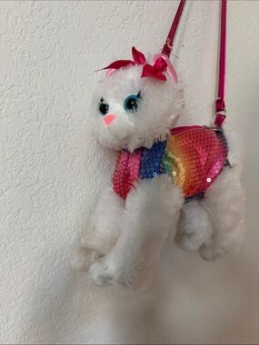 Plush White Cat Crossbody Bag with Rainbow Sequin Vest - Kids